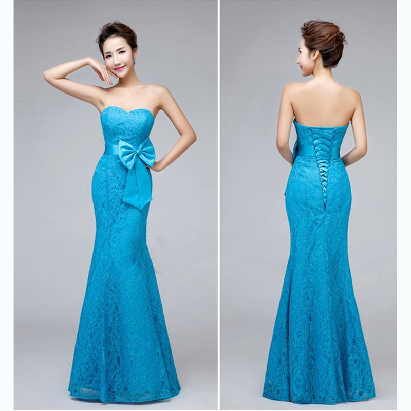 kudapyเดรสยาวสีฟ้าเข้ม/สีโอรส เกาะอก ลูกไม้ ทรงหางปลา คอเว้าหัวใจ