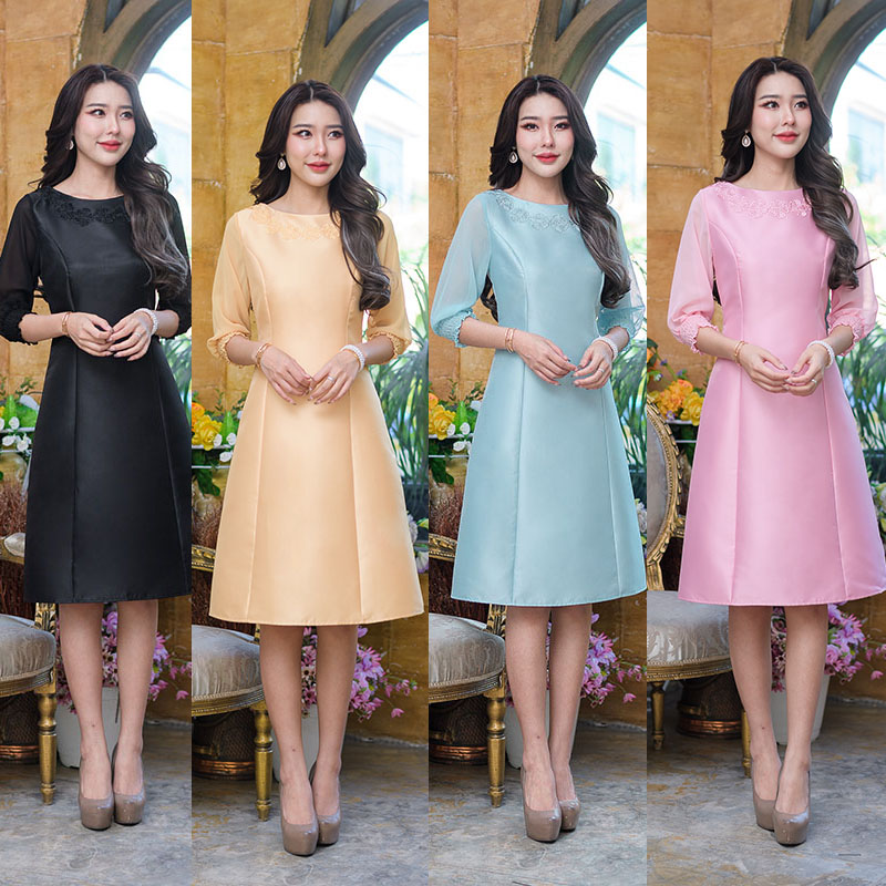 kudapy เดรสสั้นสีดำ/สีเหลืองทอง/สีชมพู/สีฟ้าเหลือบเขียว ผ้าไหมอัดกาวทั้งชุด รุ่นนี้เป็นไหมญี่ปุ่นผ้าเงาสวย อัดกาวเพิ่มให้อยู่ทรงสวยมาก
