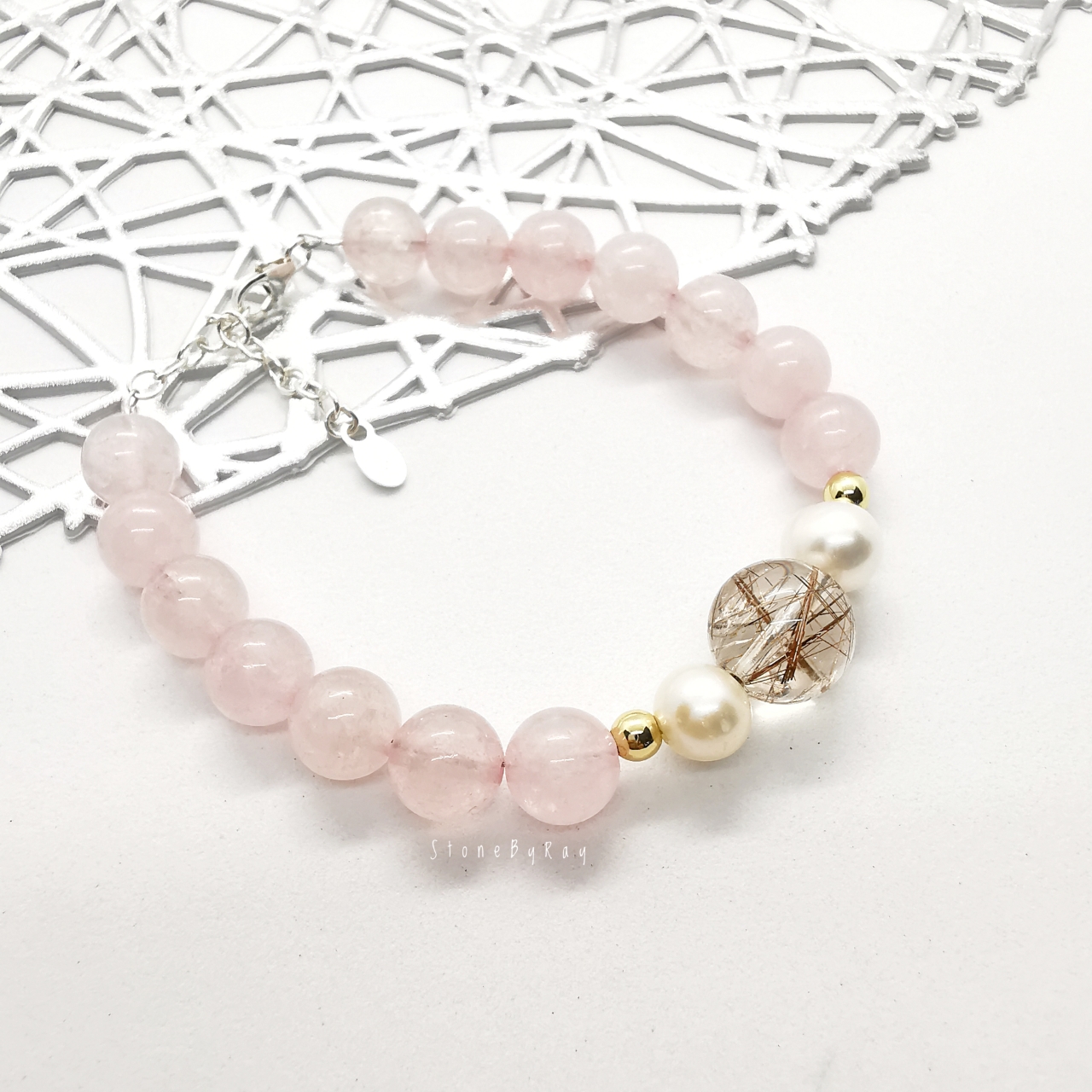 สร้อยข้อมือเงินหินโรสควอตซ์+ไข่มุกแท้+หินไหมเศรษฐี