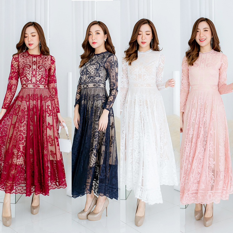 kudapy เดรสยาวสีชมพู/สีขาว/สีกรม/สีแดง แขนยาวผ้าลูกไม้สวยดูดีใส่สบายน่ารักมากๆ
