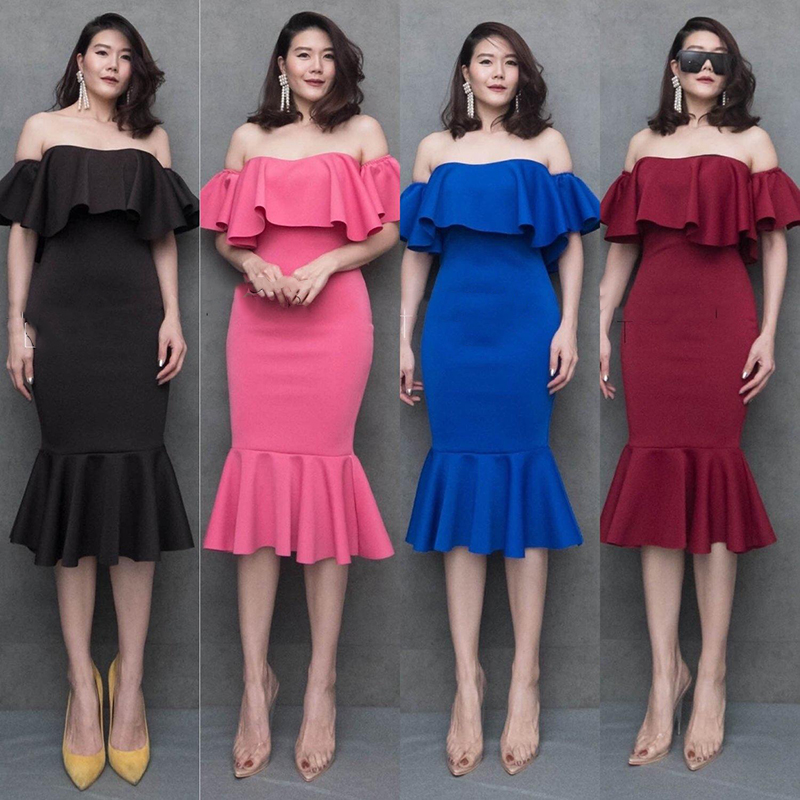 kudapy เดรสสั้นคลุมเข่า เดรสเปิดไหล่ทรงหางปลาสีชมพู/สีดำ/สีแดง/สีน้ำเงิน ใส่ออกงาน ใสเที่ยวได้หมดคร่าางานนี้ แซบมากค่ารุ่นนี้
