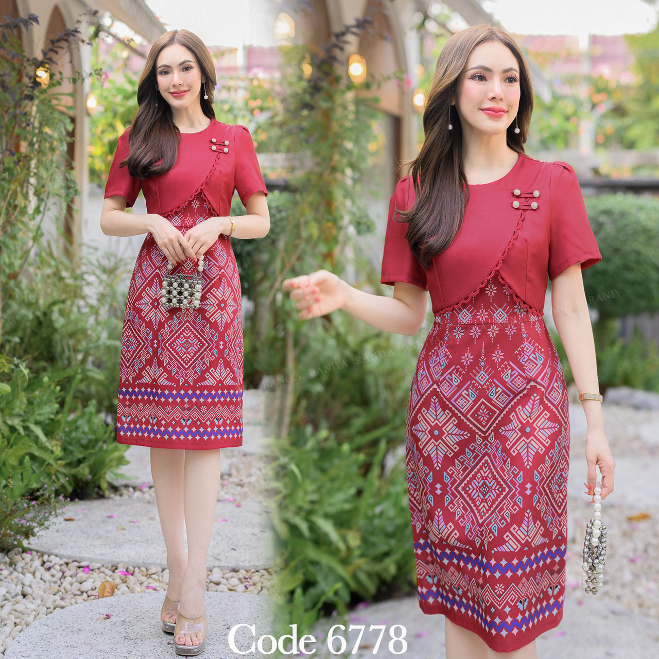 kudapy เดรสสั้น เดรสผ้าโพสลีเอสเตอร์เกาหลีแต่งกั๊กติดกระดุมมุกงาน พิมพ์ลายไทยแพรวา มีซับในและชิปหลังใส่สบาย