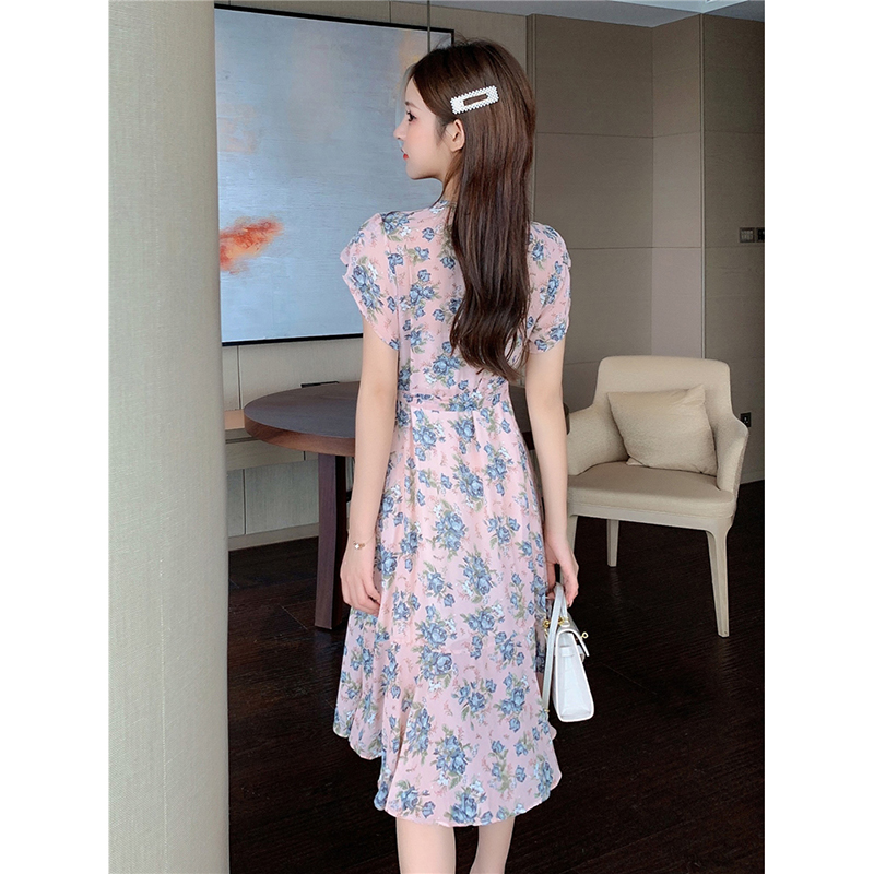 kudapy ชุดเดรสสีฟ้าอมเขียว,สีชมพู ใส่ทำงาน ผ้าชีฟองพื้น พิมพ์ลายดอกกุหลาบ