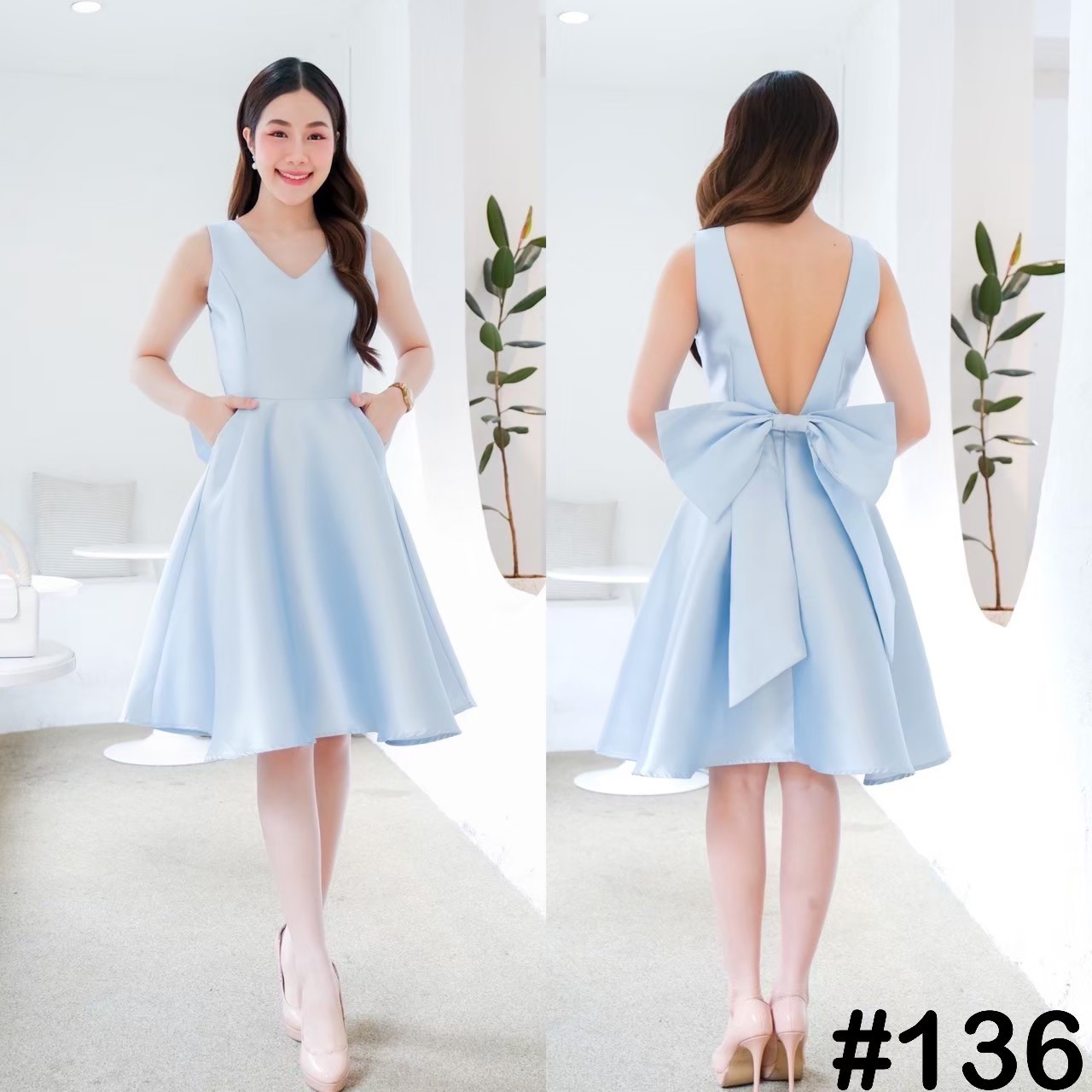 kudapy เดรสสั้น คอวี แต่งโบว์หลังยักษ์ ทรงกระโปรงฟรีสะโพก มาพร้อมกระเป๋าข้าง