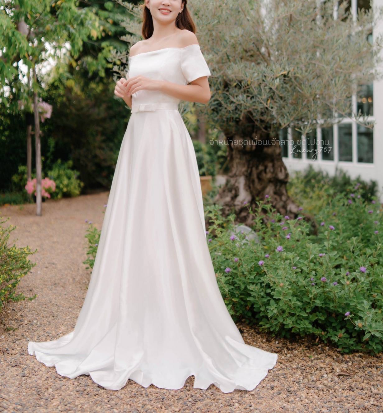 kudapy เดรสยาวสีขาว แขนสั้นจีบทิวลิป ใส่ได้สองแบบ เปิดบ่า ใส่ออกงาาน ชุดเจ้าสาว