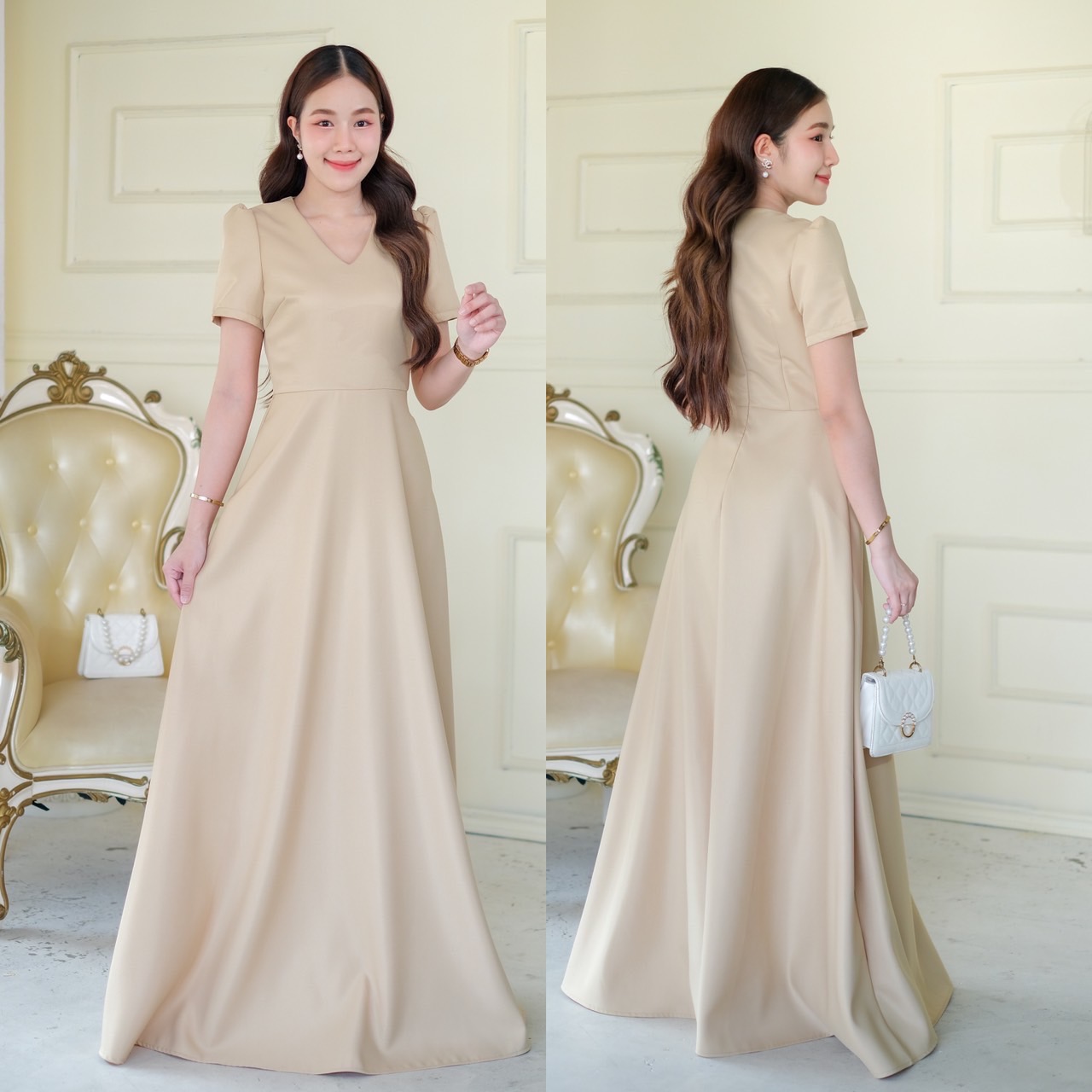 kudapy เดรสยาวสีขาว/สีชมพูพาสเทล/สีทอง แขนสั้น คอวี เกาหลีมากแม๊ คัตติ้งเริศแบบอลัง เข้ารูป เก็บทรง