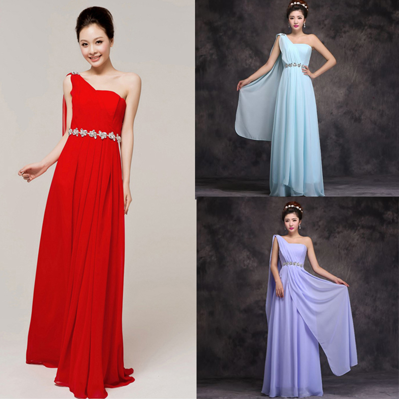 kudapy ชุดราตรียาวสีแดง/สีฟ้าอ่อน/ม่วงอ่อน ไหล่เดียว จับเตรปสไตล์กรีก คาดคริสตัลช่วงเอว