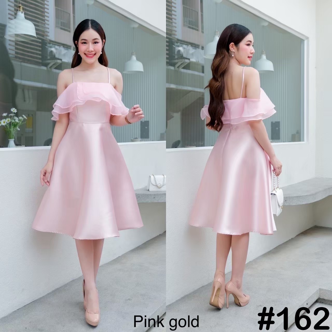 kudapy เดรสสั้นสายสปาเกตตี้ แต่งผ้าแก้วระบายไขว้อก สวยหวานพรางแขน กระโปรงทรงเอ