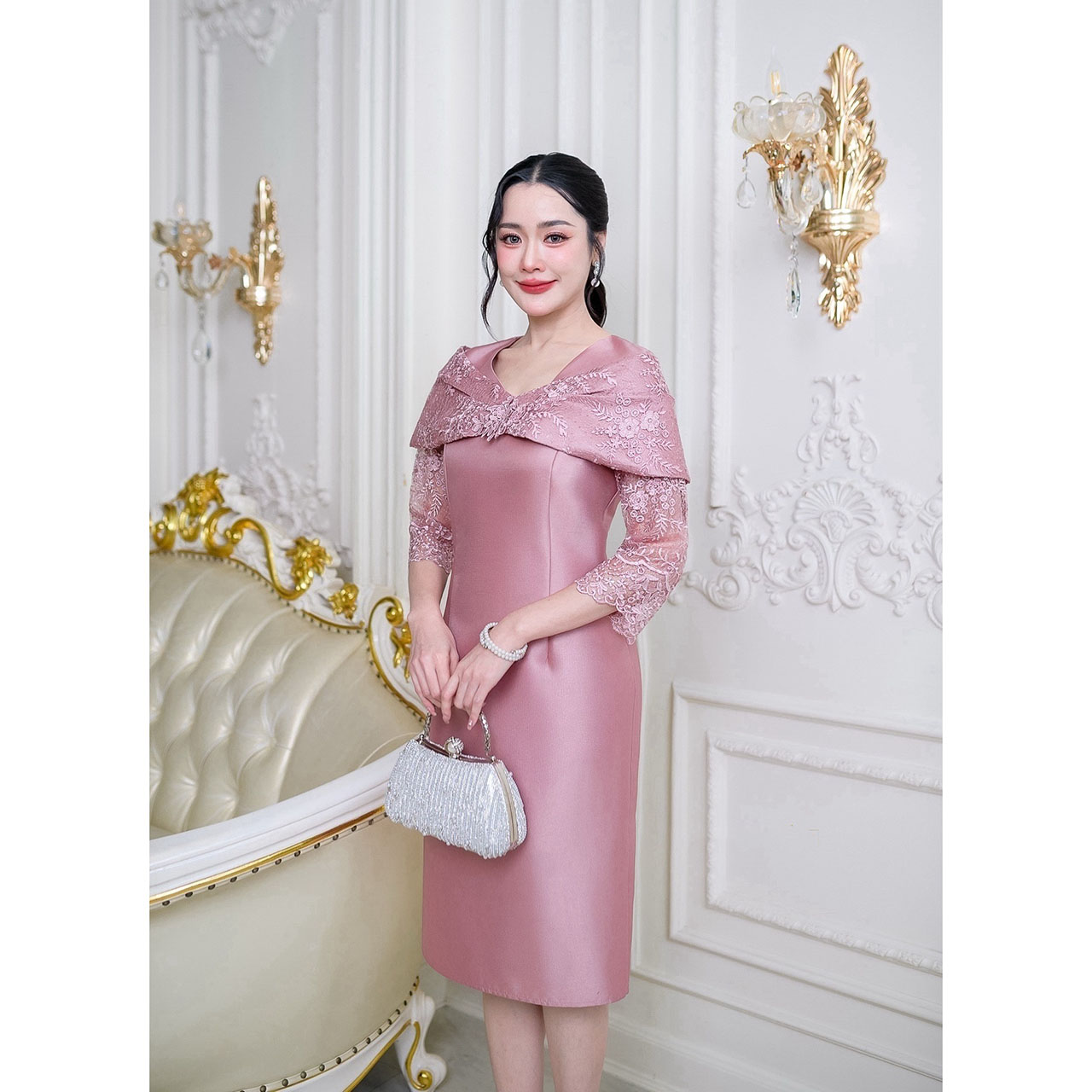 kudapy เดรสผ้าไหมโอบไหล่ งานผ้าสวยพรีเมี่ยมสุดๆ ลูกไม้คัดเกรดดอกสวยชัด