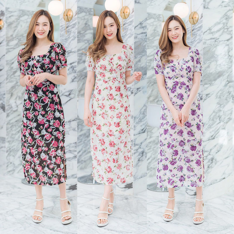 kudapy เดรสยาวสีชมพู/สีดำ/สีครีม ลายดอกปักลูกไม้สามมิติ