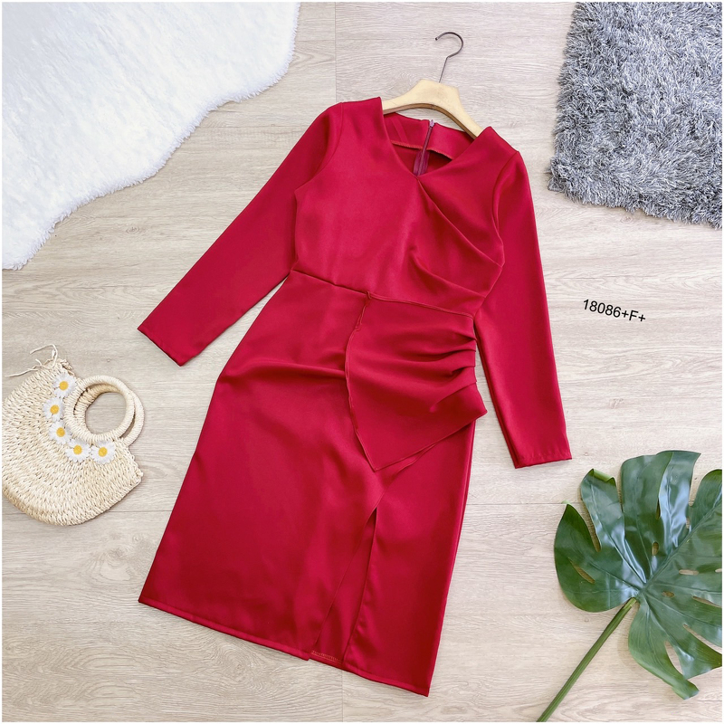 kudapy เดรสแขนยาวสีพื้น แต่งจีบ ผ่าหน้า ชุดออกงาน ชุดเพื่อนเจ้าสาว เดรสงานแต่ง ใส่ไปเที่ยวสวยดูดี