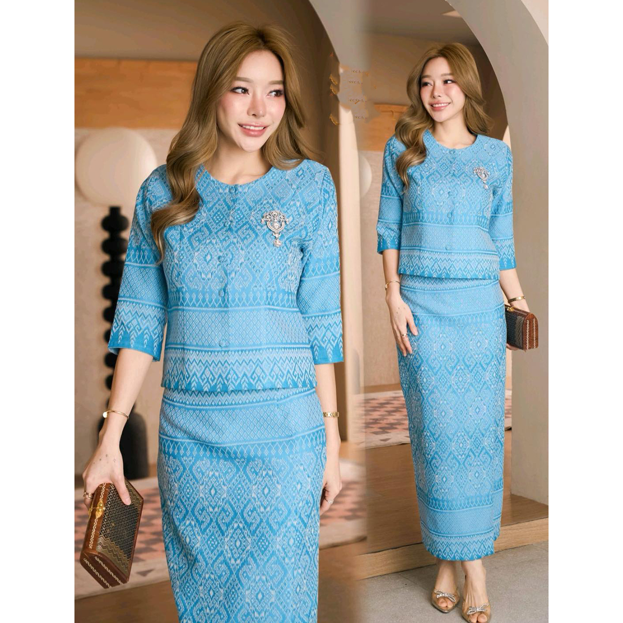 kudapy ชุดเซ็ทสีฟ้า ผ้าฝ้ายทรงเรือนต้นงดงามในความเป็นไทย อัดกาวอย่างดี