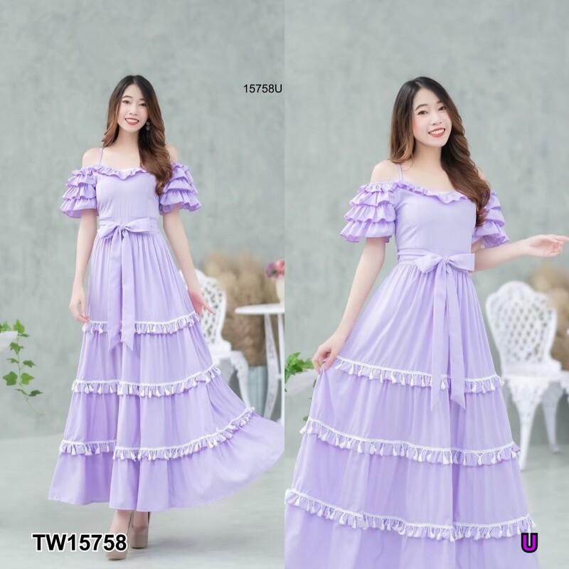 kudapy แม็กซี่เดรสสีชมพู ม่วง ม่วงอ่อน เขียว โอรสเข้ม สายเดี่ยวเว้าไหล่ แขน 2 ข้างระบายชั้น ผ้าไหมอิตาลี่ ระบายชั้นๆ