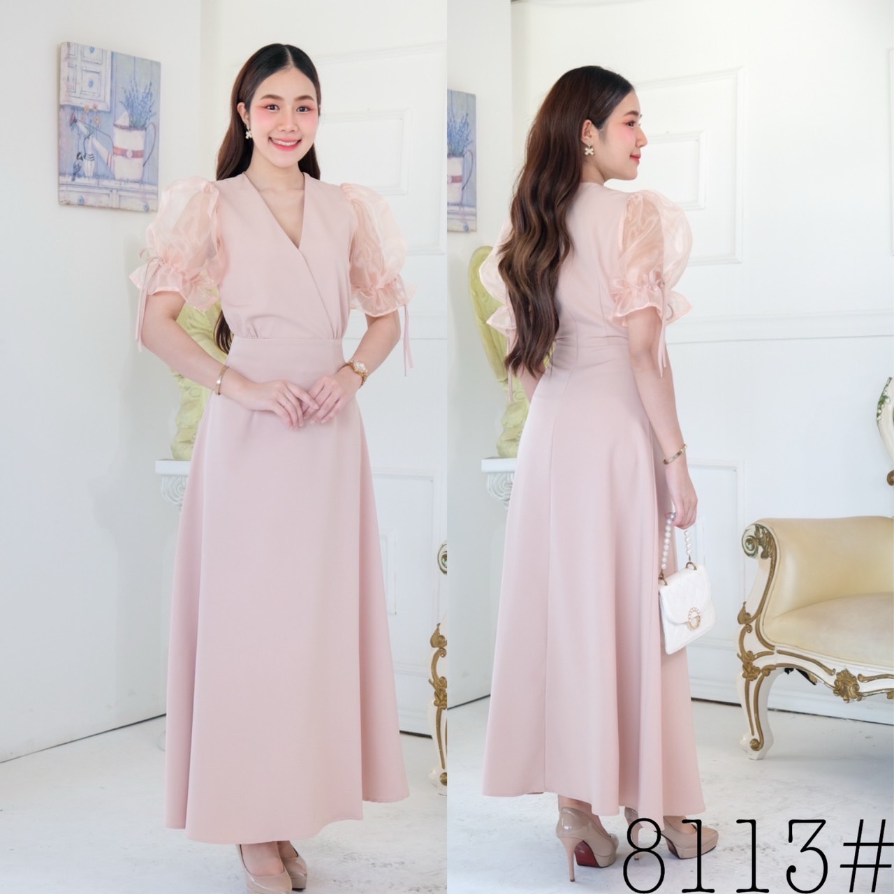 kudapy เดรสยาวไปงานสีชมพูเข้ม,สีเขียวอ่อน,สีครีม,สีส้มชาไทย,สีขาว,สีฟ้าคราม คอวีสอบ แขนตุ๊กตา แต่งผ้า organza แขนใส่ยางยืด จีบระบายคิ้วท์ๆ เข้ารูปช่วงเอว กระโปรงบานพริ้ว