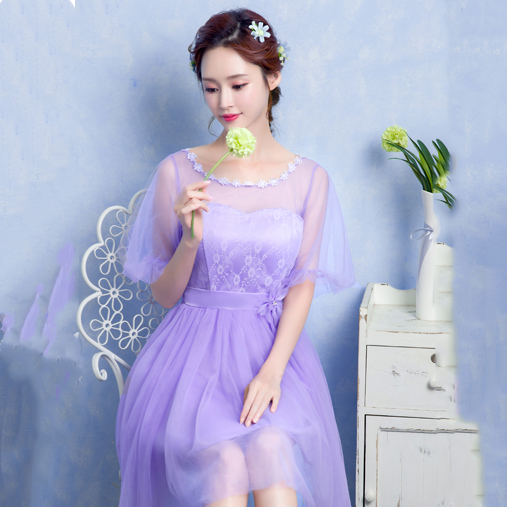 kudapy ชุดราตรีสั้นสีชมพู/สีม่วง คอกลม ช่วงบนประดับด้วยผ้าลูกไม้ แขนพองๆ2ชั้น