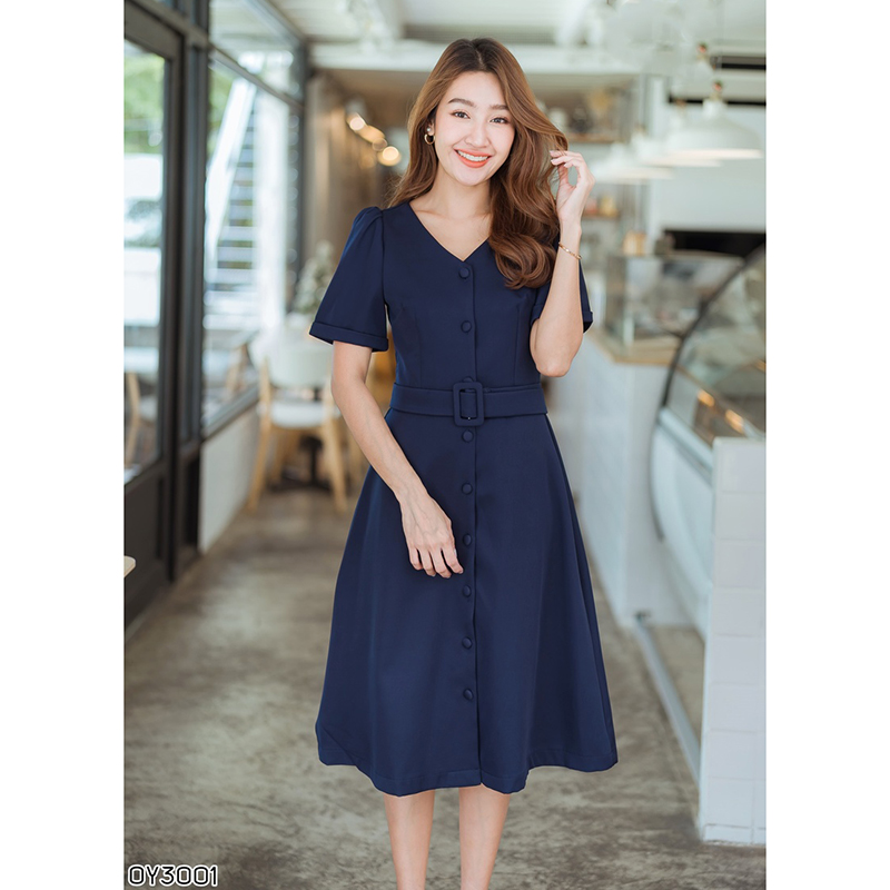 kudapy เดรสสั้นสีเขียว/กรม/ชมพู แต่งกระดุมหน้า+เข็มขัดสวยใส่แล้วดูดีมากๆ