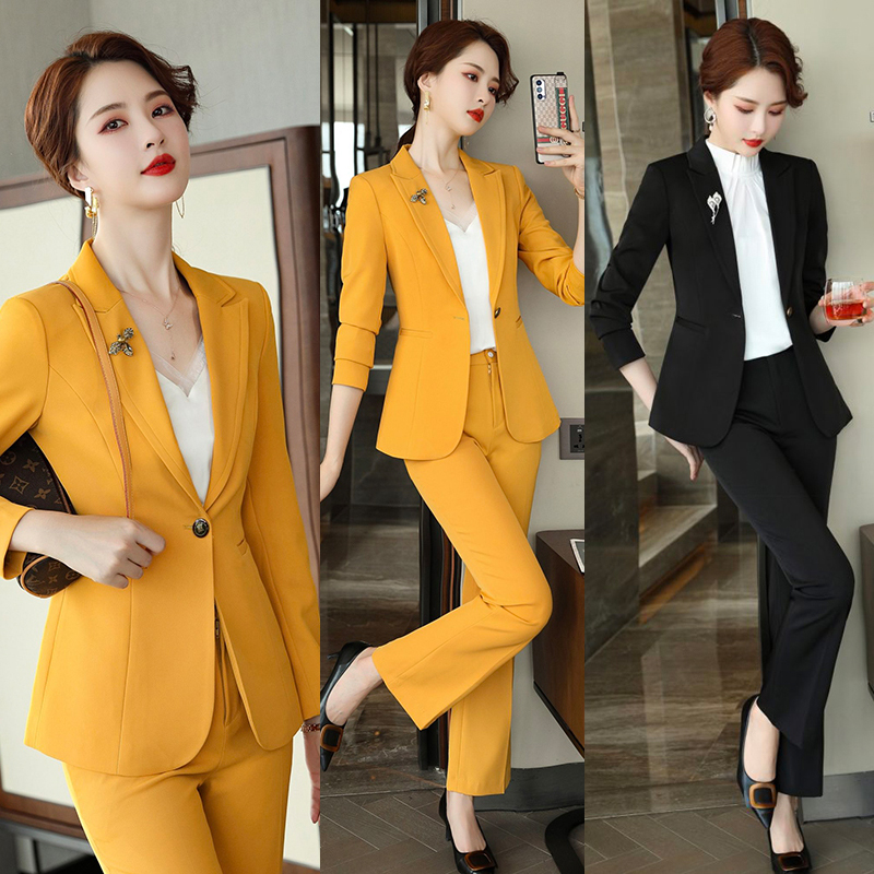 kudapy ชุดสูททำงานผู้หญิงสีดำ/สีเหลือง ปกป้านแขนยาวพร้อมกางเกง