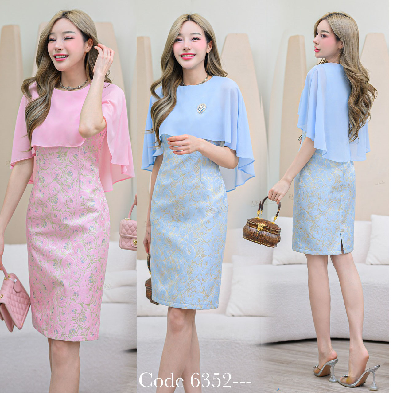 kudapy เดรสสั้นสีชมพู/สีฟ้ ผ้าJacquardลายนูน เนื้อดี อัดกาวมีซับในทั้งชุด กระโปรงผ่าหลังเล็กน้อย มีซิปหลัง
