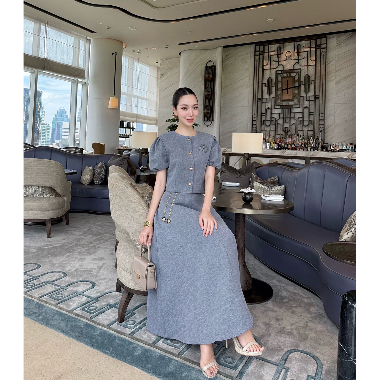 kudapy เซ็ทเสื้อแขนตุ้กตา เสื้อ กระโปรงเอวสูง เข็มกลัดดอกไม้ เข็มขัดโซ่