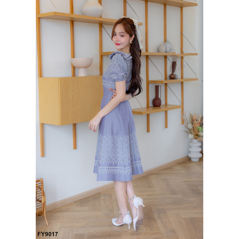 kudapy เดรสสั้นสีเทา/สีส้ม ทรงบานแต่งโบว์ไหล่ 2 ชั้น