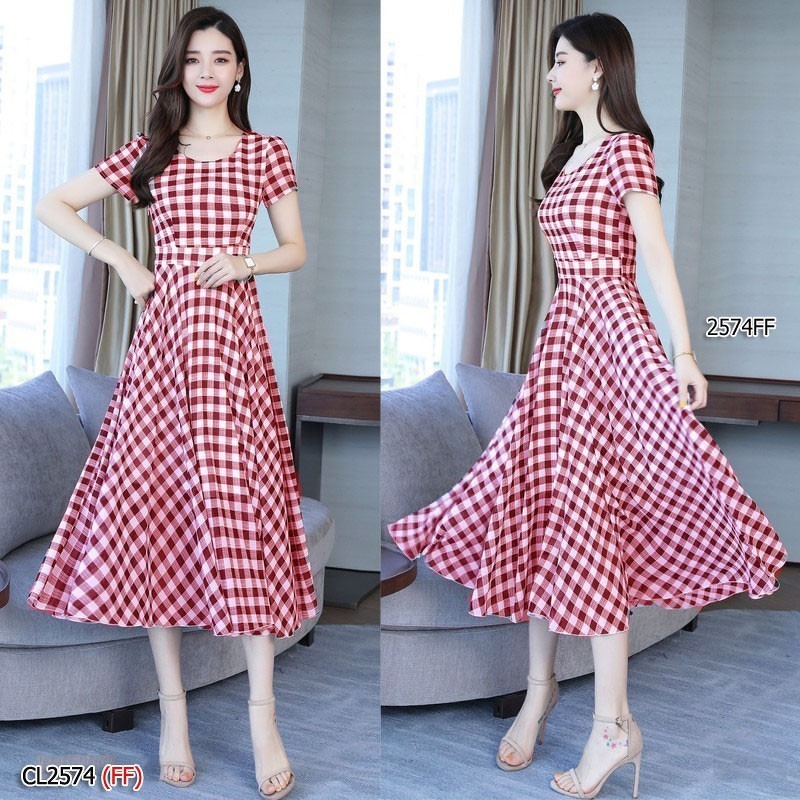 kudapy เดรสยาว/สีดำ/สีแดง/สีกรม ผ้าทอลายสก็อต แขนสั้น ชุดนี้ผ้าทอละเอียดเนื้อนิ่ม