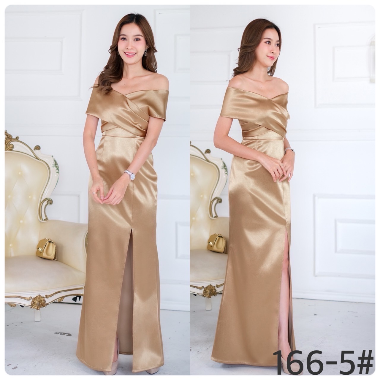 kudapy เดรสยาวสีฟ้า/สีขาว/สีน้ำตาล/สีแดง/สีทอง/สีชมพู/สีเทา/สีกรม/สีเขียวอมเทา/สีส้มอิฐ ผ้าดัชเชสอัดกาว เปิดบ่า ไขว้อก ผ่าหน้าขา sexy เล็กๆ ซิปหลังใส่ง่าย