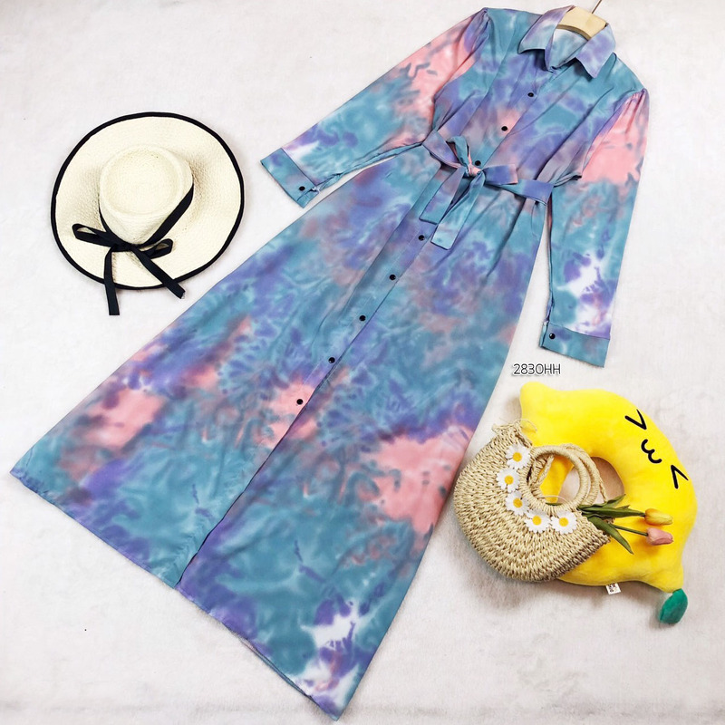 kudapy เดรสยาวสีม่วง/สีเหลือง/สีฟ้า/สีชมพู ผ้า 100D ลายมัดย้อมสีพาสเทล ผ้านิ่มทิ้งตัวใส่สบายสวยมาก