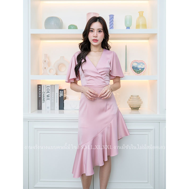 kudapy เดรสสั้นสีแดง/สีน้ำเงินกรมท่า/สีสีชมพู ออกงาน คอวีแขนระบาย ชายกระโปรงระบายสวยเก๋ แนวเรียบร้อยสวยหรูดูแพง เหมาะสำหรับใส่เป็นชุดราตรี