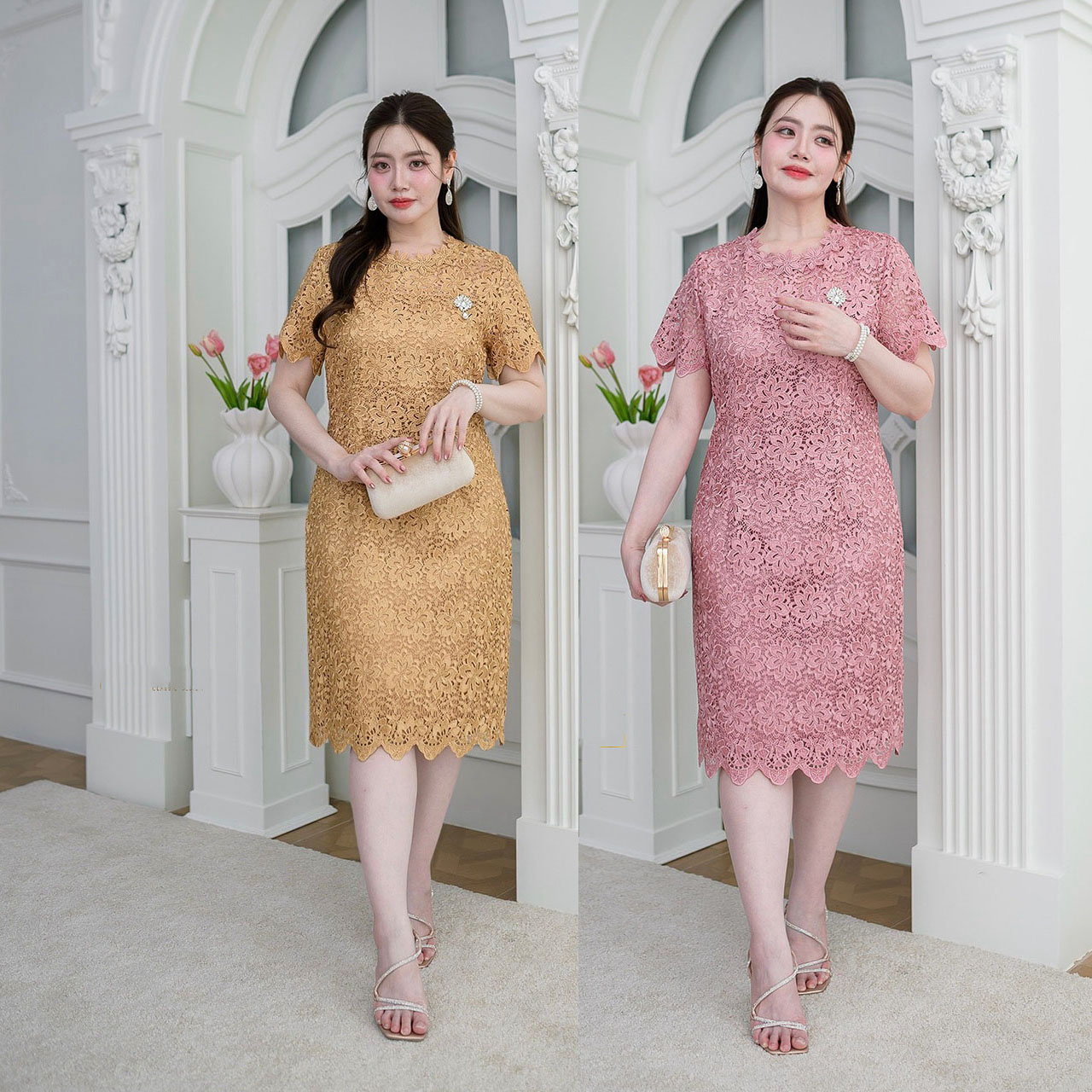 kudapy เดรสสั้นสีชมพูกะปิ/สีทอง ลูกไม้คอดอกไม้พรีเมี่ยม ลายดอกไม้สวยเต็มดอกดูหรูหรา ผ้าเงาดอกแน่นเรียงตัวสวย