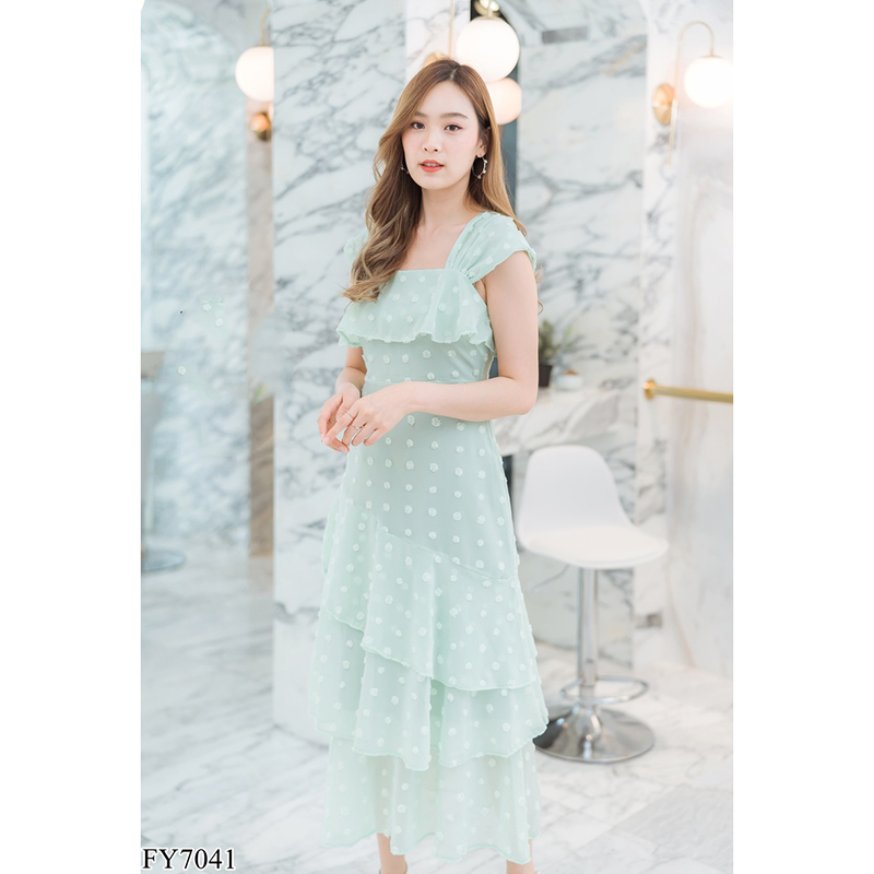 kudapy เดรสยาวสีชมพู/สีขาว/สีเขียว ชีฟองจุดอกระบาย