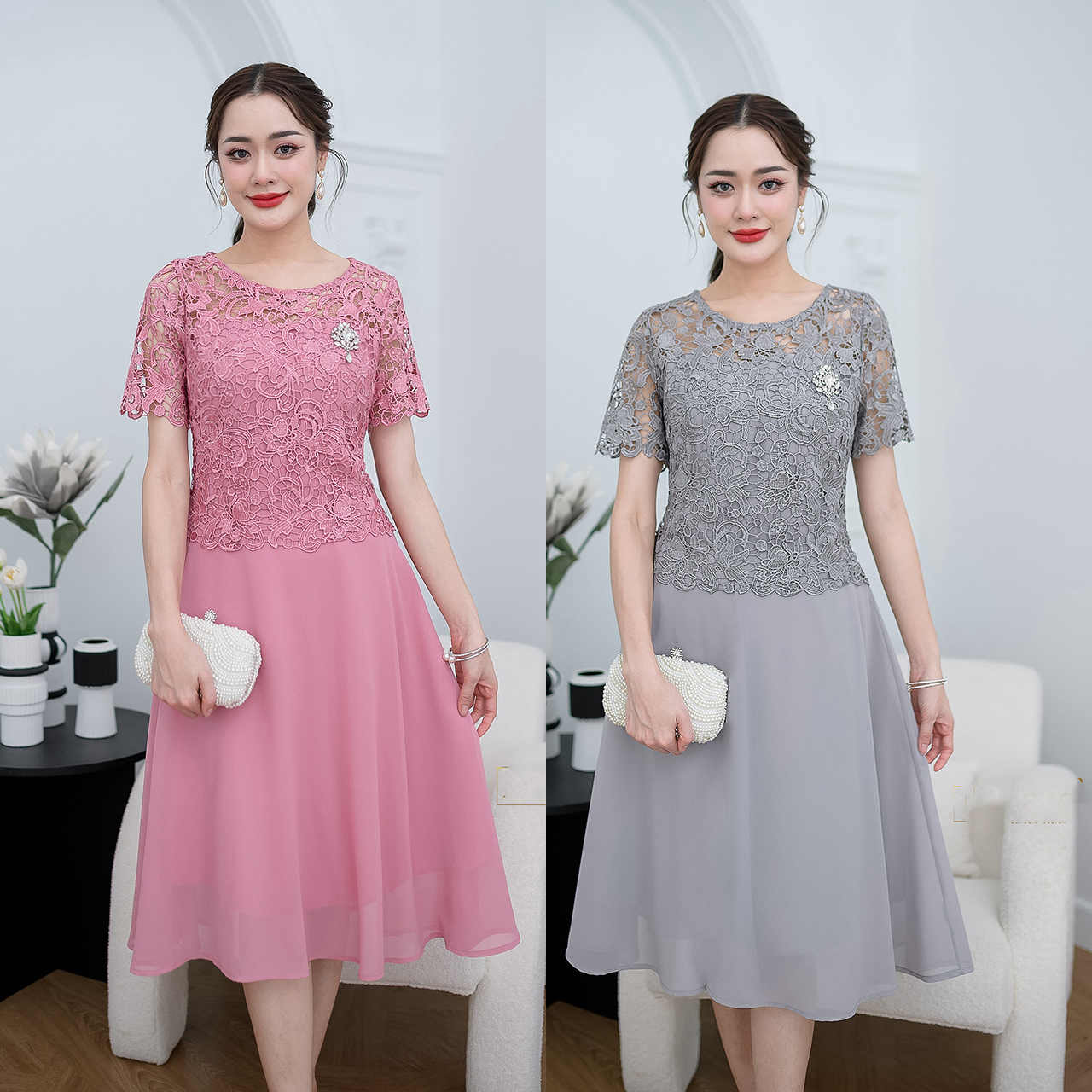 kudapy เดรสราตรีสั้นสีเทา/สีชมพูกลีบบัว ด้านบนเป็นดีไซน์เสื้อลูกไม้แขนสั้น กระโปรงผ้าชิฟฟ่อนพริ้วสวย ทรงบานสวิง
