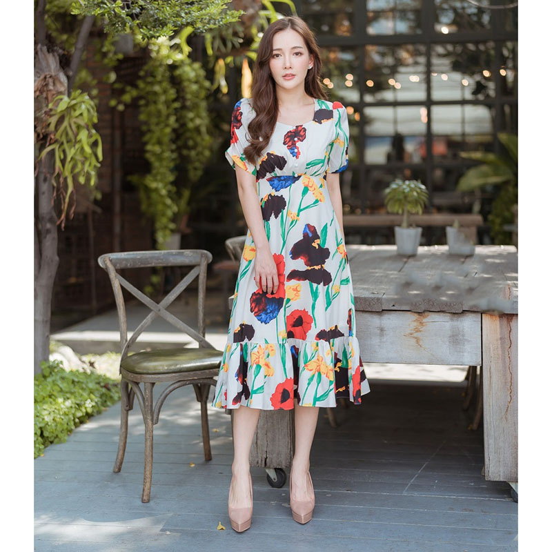 kudapy เดรสั้นสั้นพิมพ์ลายดอกสีกรม,สีแดง แต่งหางปลาลายมะนาวใส่สบายสวยดูดี