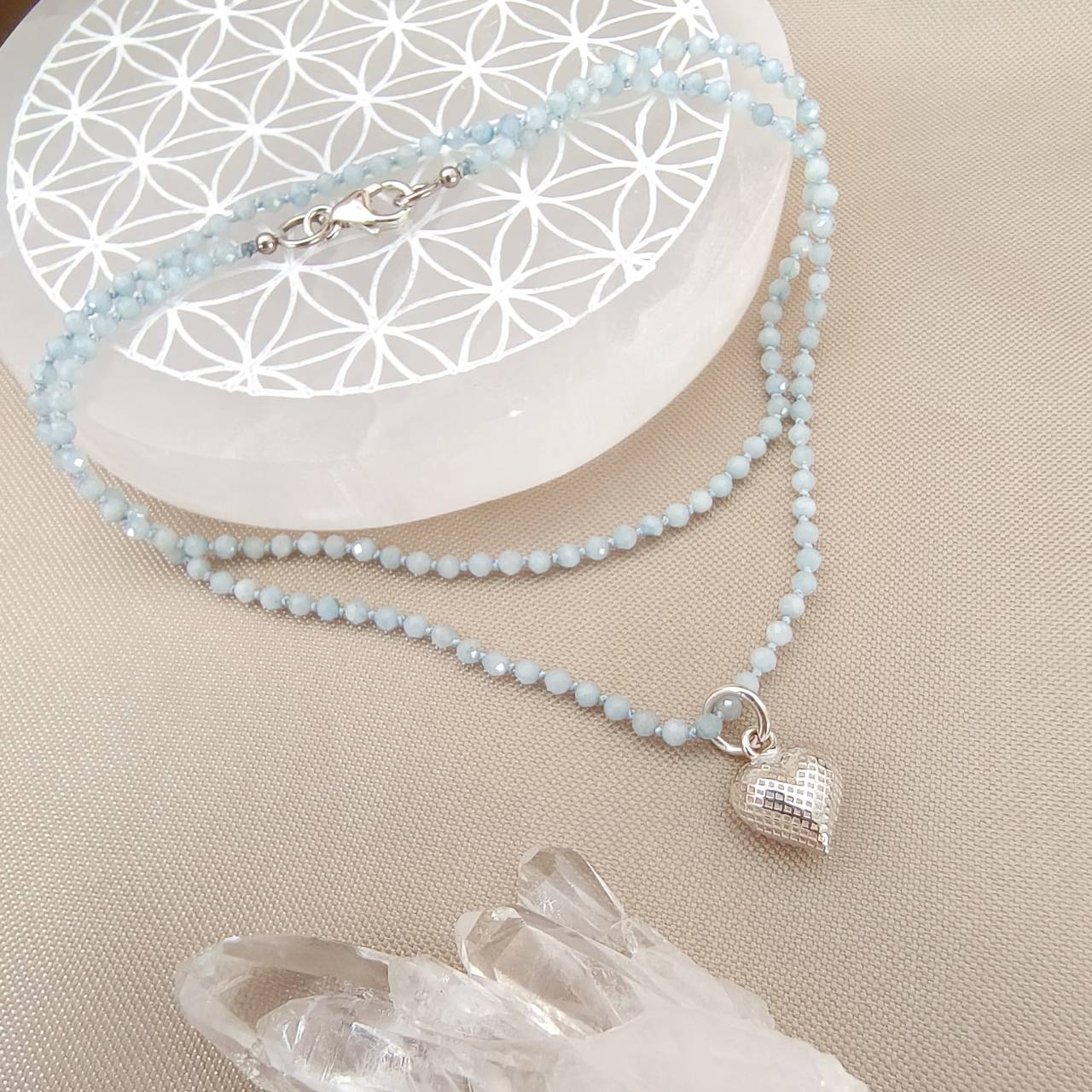 สร้อยคอเชือกถักหินอความารีนเจียรเหลี่ยม Aquamarine