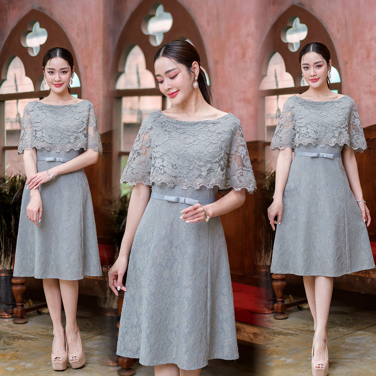 kudapy เดรสสั้นสีทูโทน/ชมพู/น้ำตาล/ทอง/เทา ผ้าลูกไม้อัดกาว ทรงจะสวยได้รูปไม่นิ่มไม่ย้วยจนเกินไป ด้วยผ้าลูกไม้คลุมไหล่