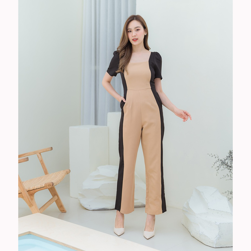 kudapy จั้มขายาวแขนสั้นสีครีม/สีม่วง เนื้อผ้าดี ใส่สบายตัว