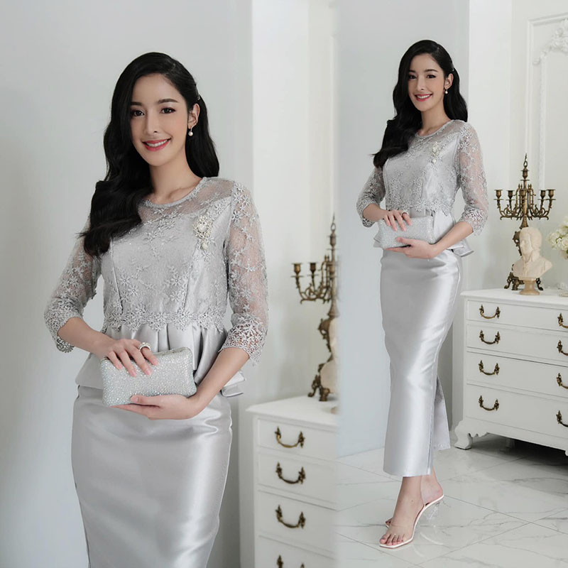 kudapy ชุดเซ็ทสีเทาเงิน/สีโรส์ดโกล ผ้าไหมญี่ปุ่น ผ้าหนาเงา เสื้อลูกไม้ใยบวบ เอวระบายคอกลม