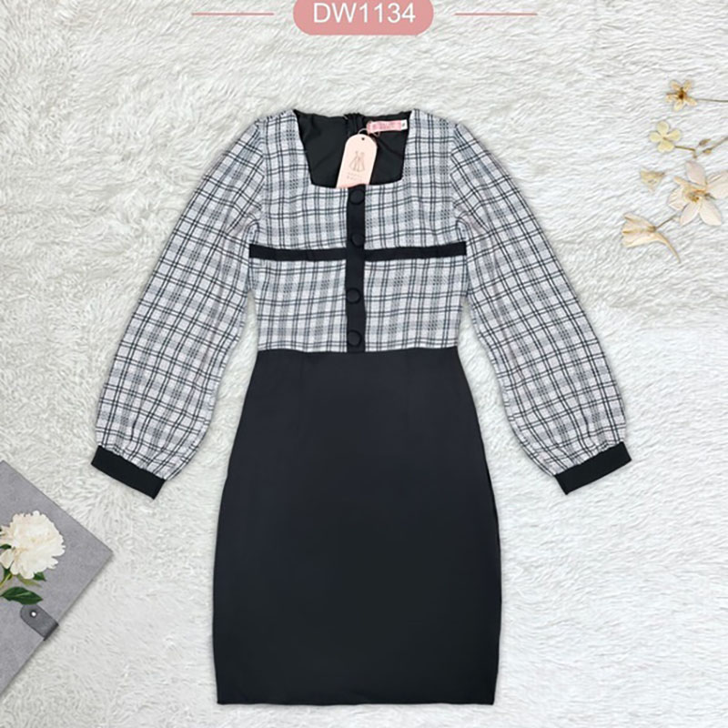 kudapy เดรสสั้นสีชมพู/สีดำ/สีเขียว ใส่ทำงานแขนยาวลายสก๊อต กระโปรงสีพื้น