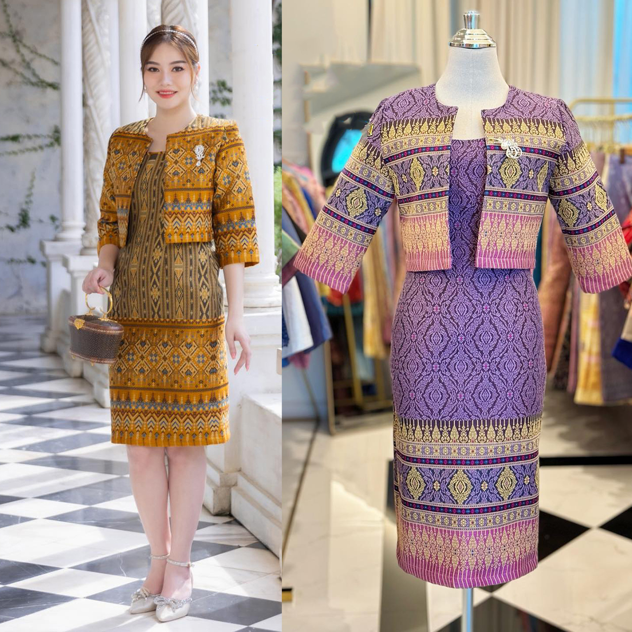 kudapy เดรสสีทอง/สีม่วง ผ้าฝ้ายลายไทลื้อมาพร้อมเสื้อคลุมโดดเด่นเรื่องลายผ้าสวยงาม