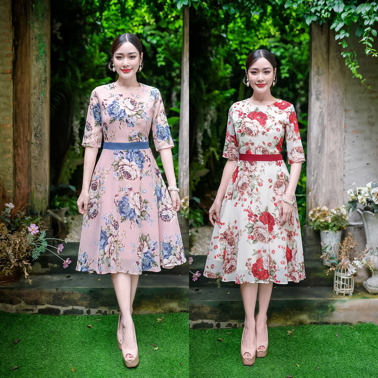 kudapy เดรสสั้นสีครีม/สีชมพู ผ้าชีฟองลายกุหลาบ แขนศอกกระโปรงทรงสวิงบาน ทรงเอวต่อแต่งแทบสีเดียวกับดอกไม้สวย