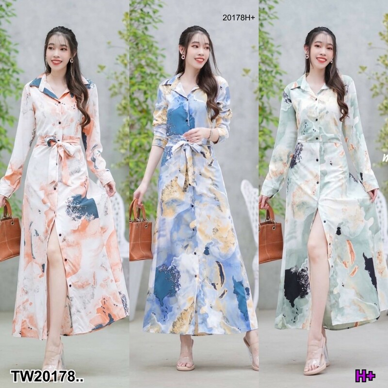 kudapy Maxi dress ปกเชิ้ตแขนยาวลายมาเบิ้ลสี ส้ม ฟ้า เขียว ติดกระดุมด้านหน้าเปิดได้ มีโบว์ผูกเอว กระโปรงทรงยาวบานกำลังสวย