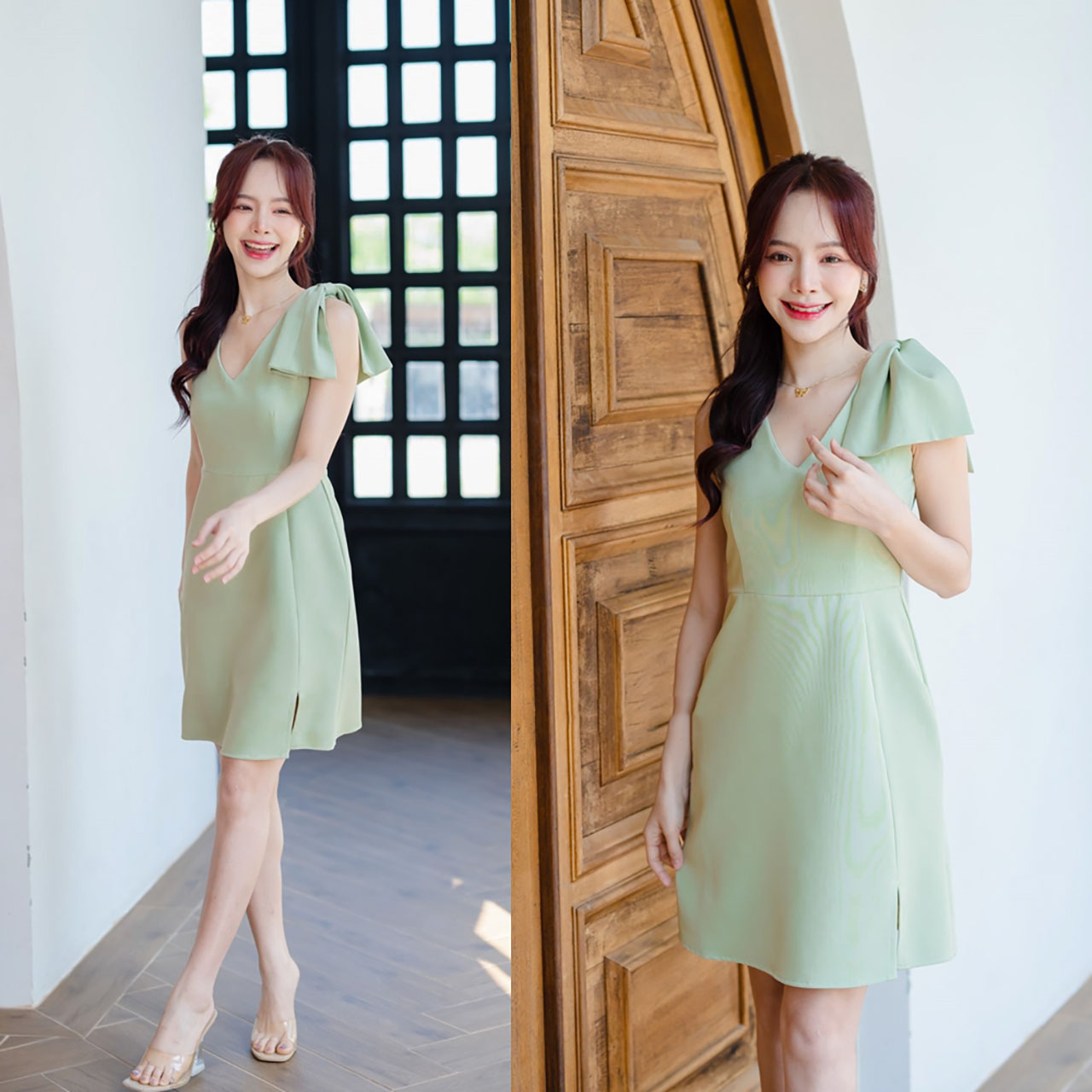 kudapy เดรสสั้นสีเขียวมัทฉะ/สีฟ้าคราม เป็นแขนกุดคอวี แต่งโบว์เพิ่มความหวานที่ไหล่ด้านซ้าย กระโปรงทรงเอ ผ่าด้านหน้า