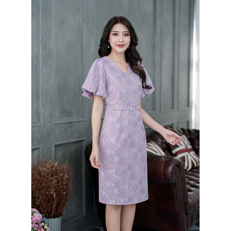 kudapy เดรสสั้นสีเขียว/สีม่วง ลูกไม้แขนสั้นบอลลูนเข็มขัดเพชร ผ้าลูกไม้ลายสวยอัดกาว เป็นแขนบอลลูนพองปลายจั้มด้านใน