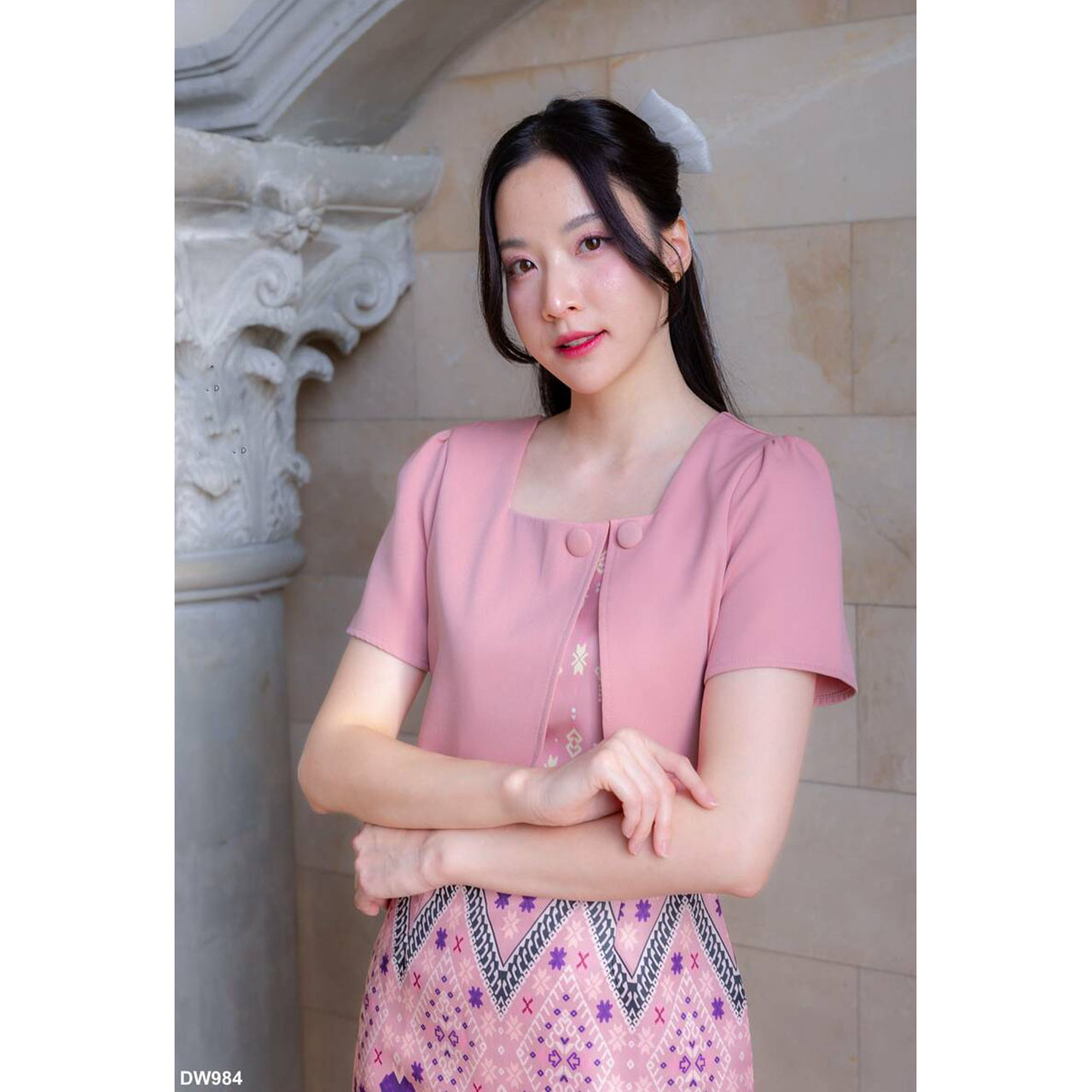 kudapy เดรสสั้นสีชมพู/สีม่วง ผ้าทอกั๊กพื้นกระโปรงลายไทย