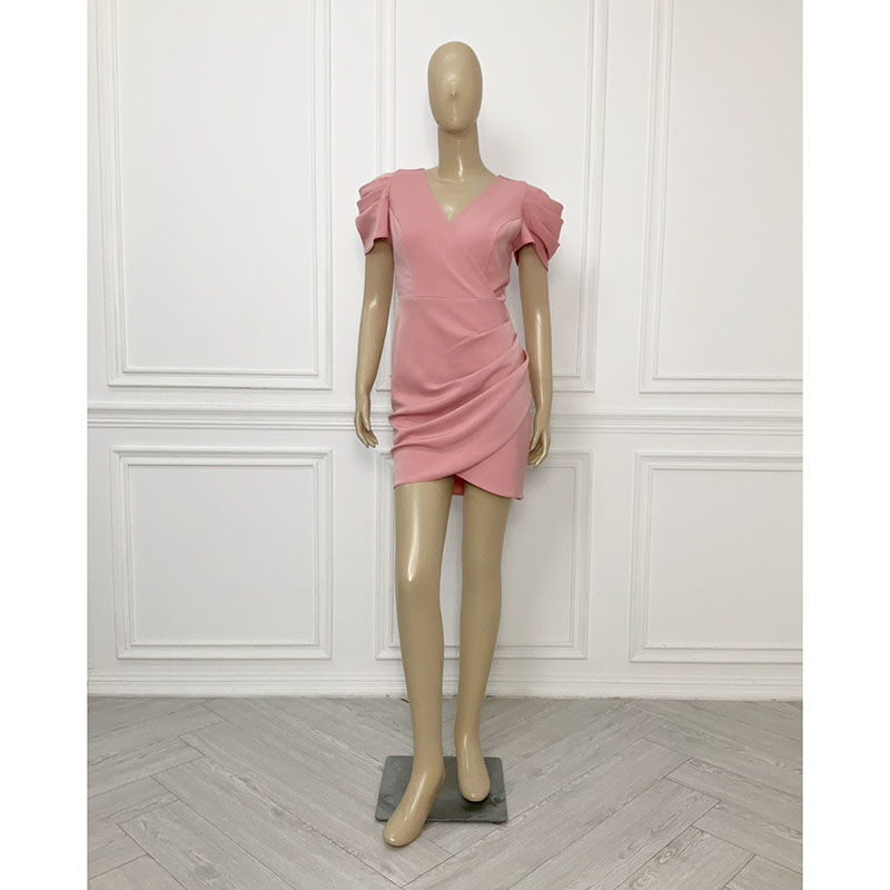 kudapy เดรสสั้นสีชมพู/สีน้ำเงินกรมท่า ทรงเอเข้ารูป คอวี แขนสั้น ลุคเรียบหรู ดูแพง ใส่ไปงานแต่งกลางวัน/กลางคืน ชุดราตรี