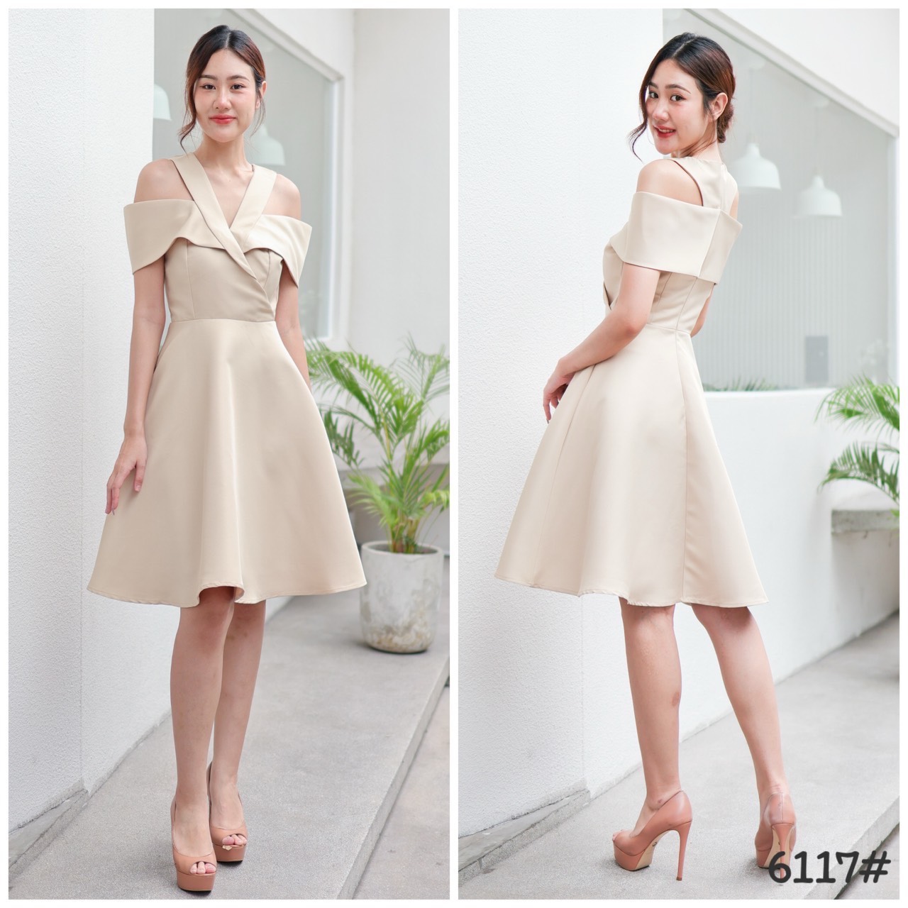 kudapy เดรสเปิดบ่า คัตติ้งคอสูท เก๋เวอร์ กระโปรงบาน เอวสูง เนื้อผ้าโพลีเอสเตอร์ เนื้อด้านไม่เงา ผ้าค่อนข้างแข็งอยู่ทรง