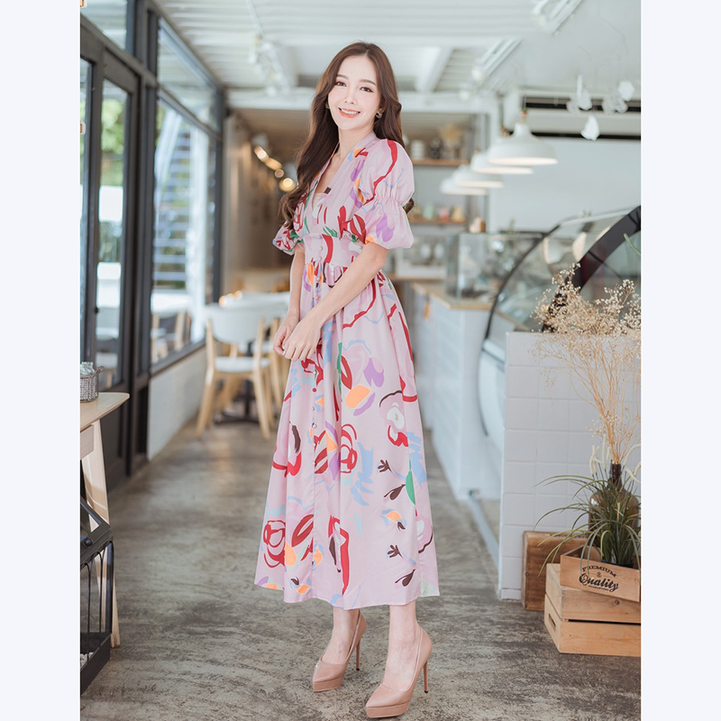 kudapy เดรสยาวคอวี แขนพอง สีขาว,สีชมพู คอวีกระดุมหน้าดูดีสวยใส่สบายสไตส์คุรหนูมากๆ