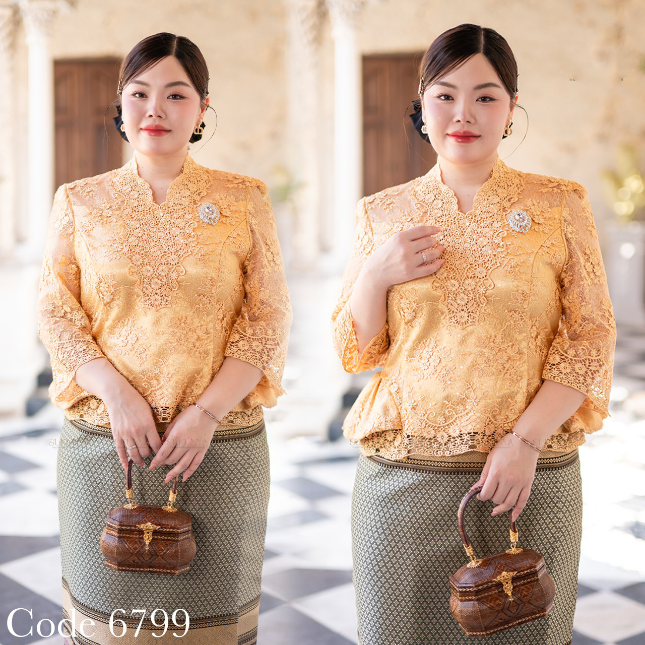 kudapy งานเสื้อลูกไม้ใยบวบ 3มิติดอกนูนลอย เกรดพรี่เมียม ลูกไม้ทั้งตัว ปักกริสเตอร์ แต่งเอวดีด แต่งลูกไม้ตรงชายเสื้อ (เฉพาะเสื้อ)