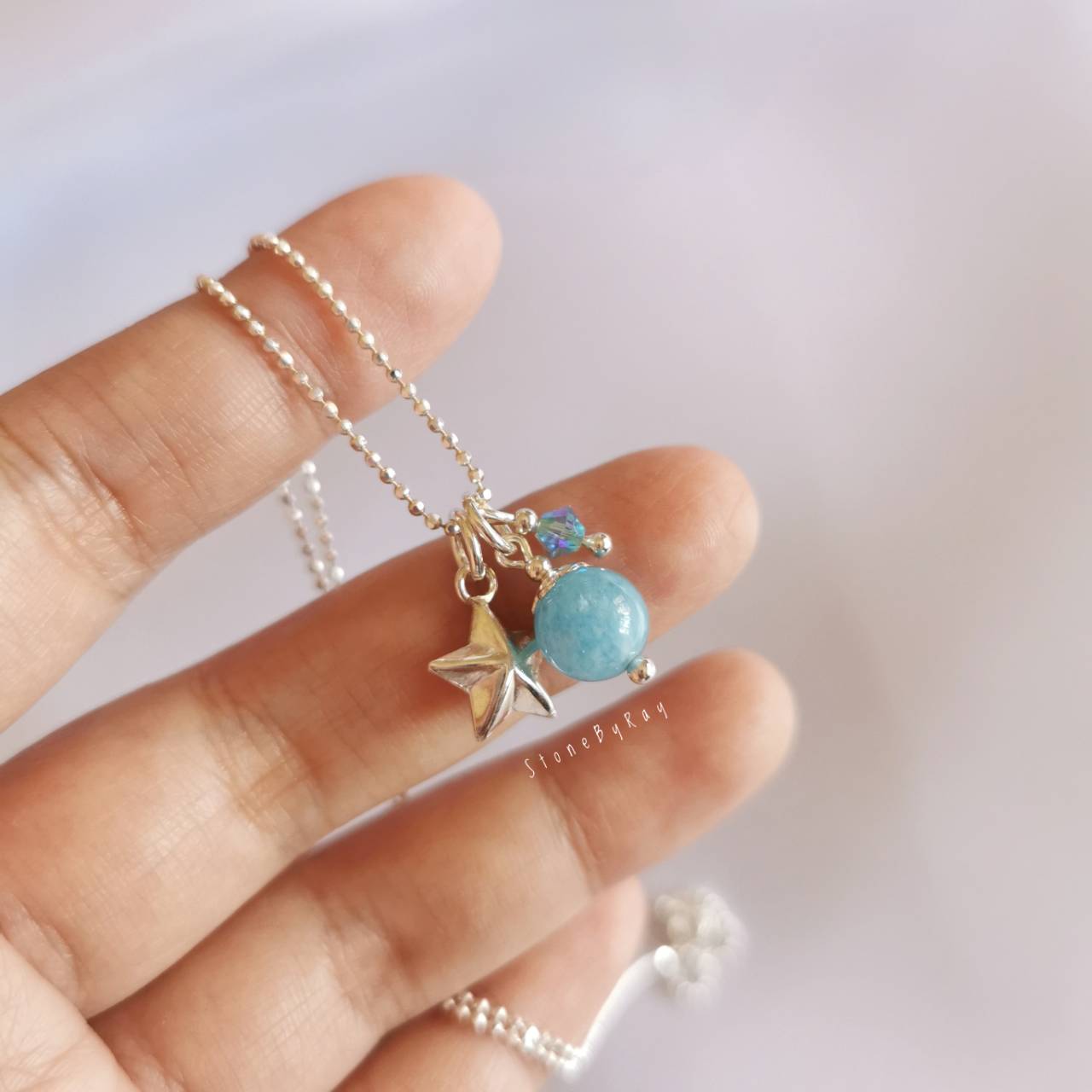 สร้อยคอเงินจี้หินอความารีน+จี้เงินแท้รูปดาว Aquamarine