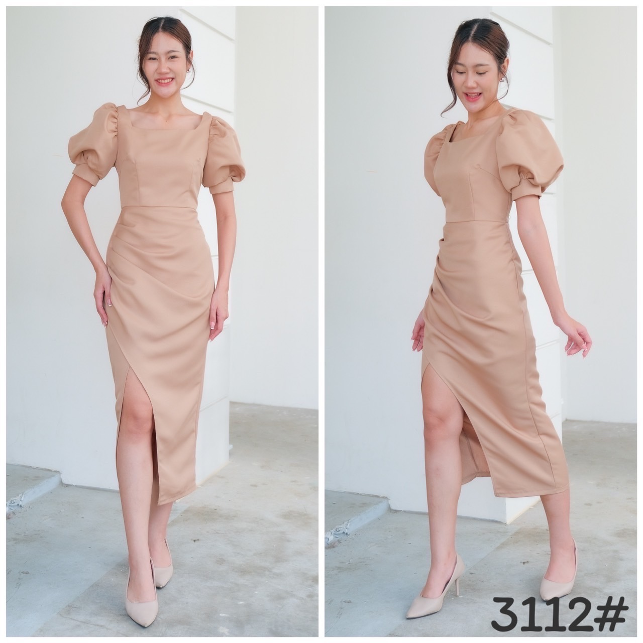 kudapy เดรสขอเหลี่ยม แขนพอง ตุ๊กตา จับจีบเอว-สะโพก กระโปรงทรงสอบ เก็บทรง ดีเทลกระโปรงป้ายผ่าข้าง