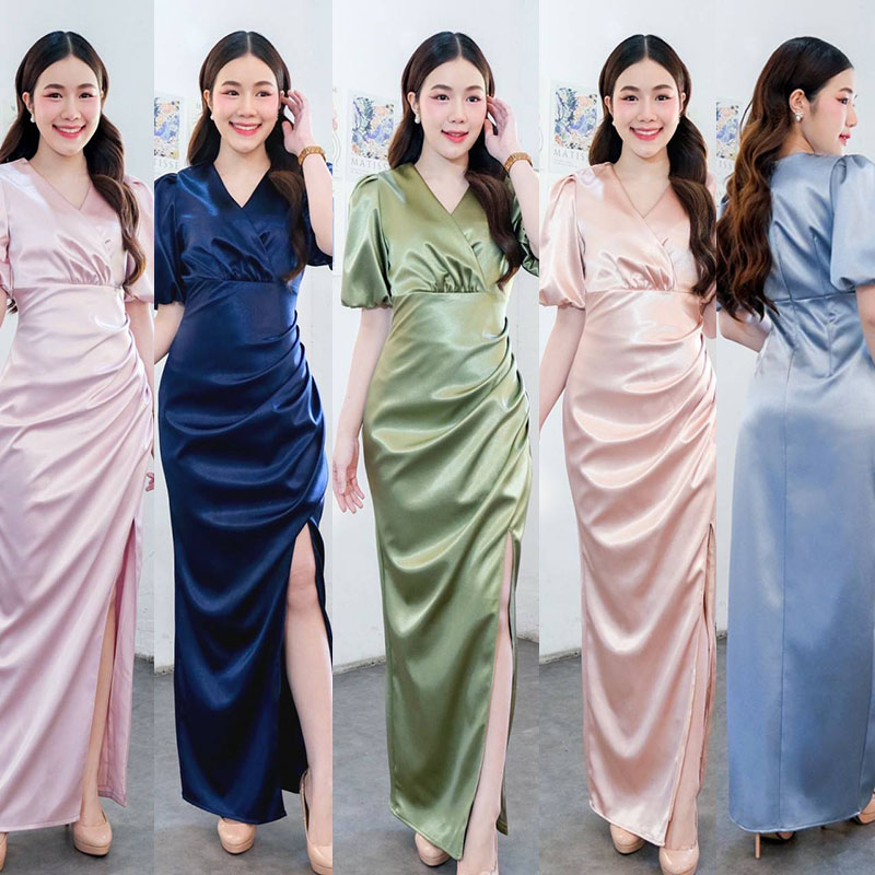 kudapy เดรสยาวสีกรมท่า/สีโรสโกลด์/สีพิ้งค์โกลด์/สีฟ้า/สีเขียวเบจ เนื้อผ้า ดัชเชสอัดกาว เงาสว คอวี แขนสั้น ใส่ออกงานสวยดูดี